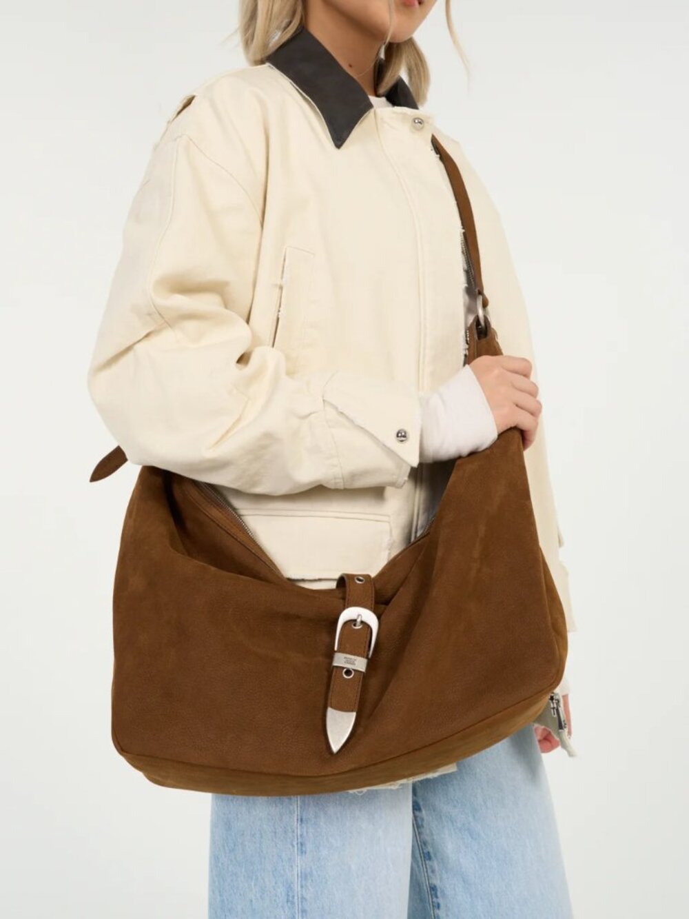 MARGESHERWOOD Genuine Leather Belted Hobo Bag in Brown Chestnut Nutbuk $480